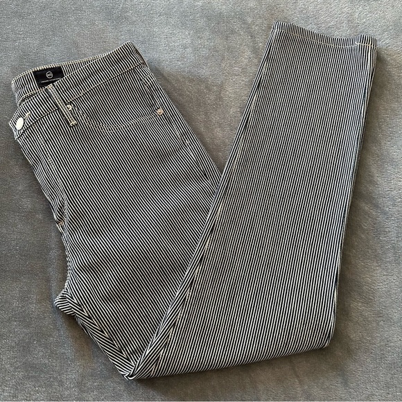 AG Adriana Goldschmeid Navy Blue & White The Prima Striped Cigarette Leg Jeans - Picture 13 of 14